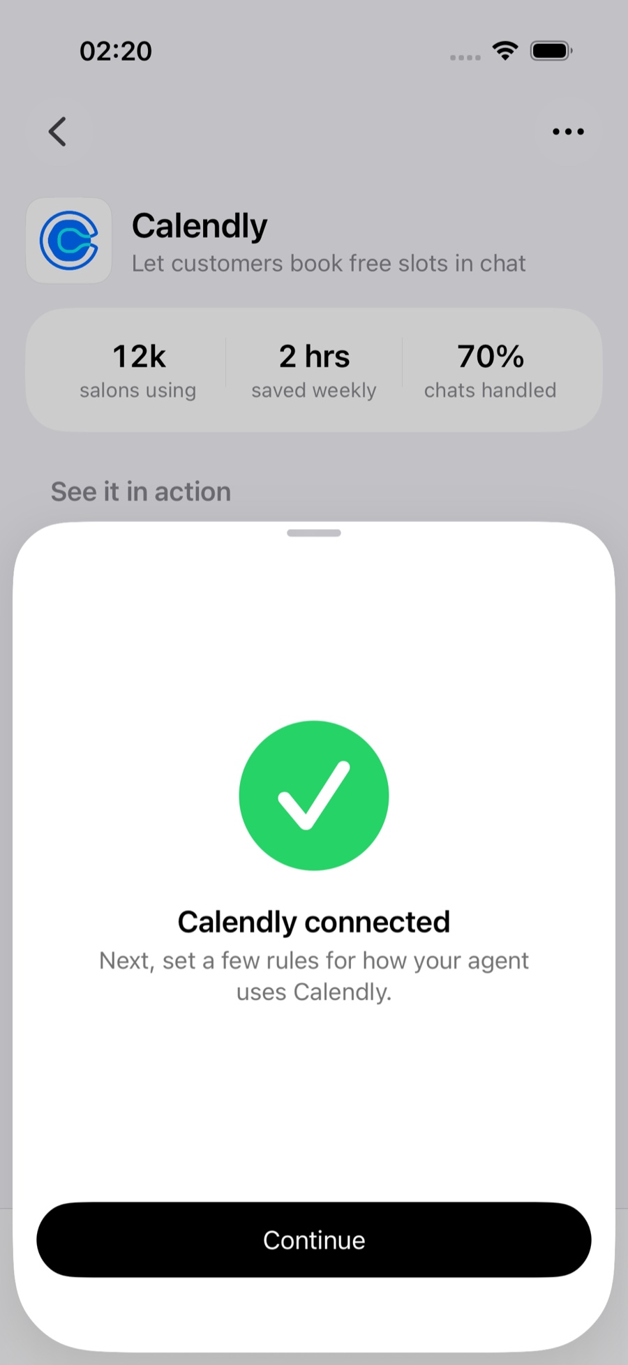 In-app WhatsApp authentication completing without leaving the app.