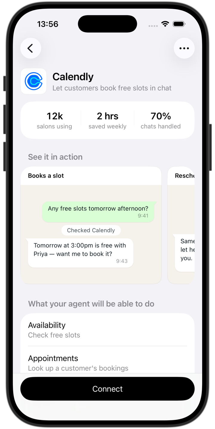 App detail screen with auto-generated previews of how the agent will reply.