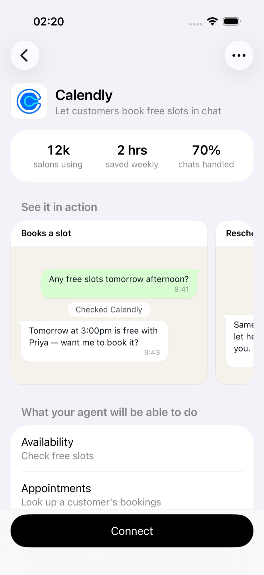 App detail screen with auto-generated previews of how the agent will reply.