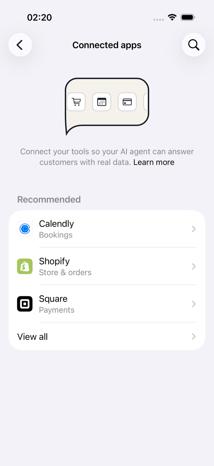 Connected apps home leading with a short, reasoned list of recommended apps.