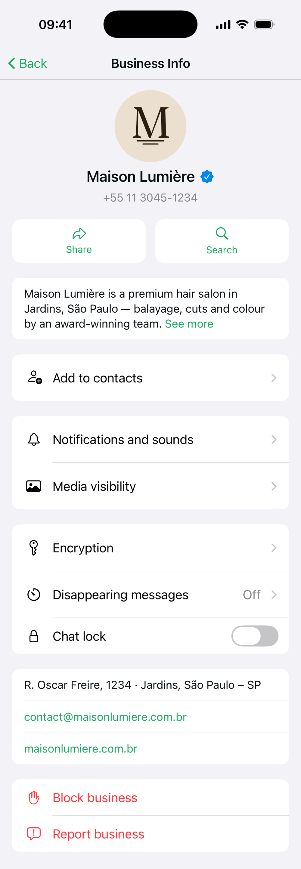 The old WhatsApp business profile, opened as a “Business Info” page: a long settings list — add to contacts, notifications, encryption, disappearing messages, address, block/report — with no view of the shop itself.