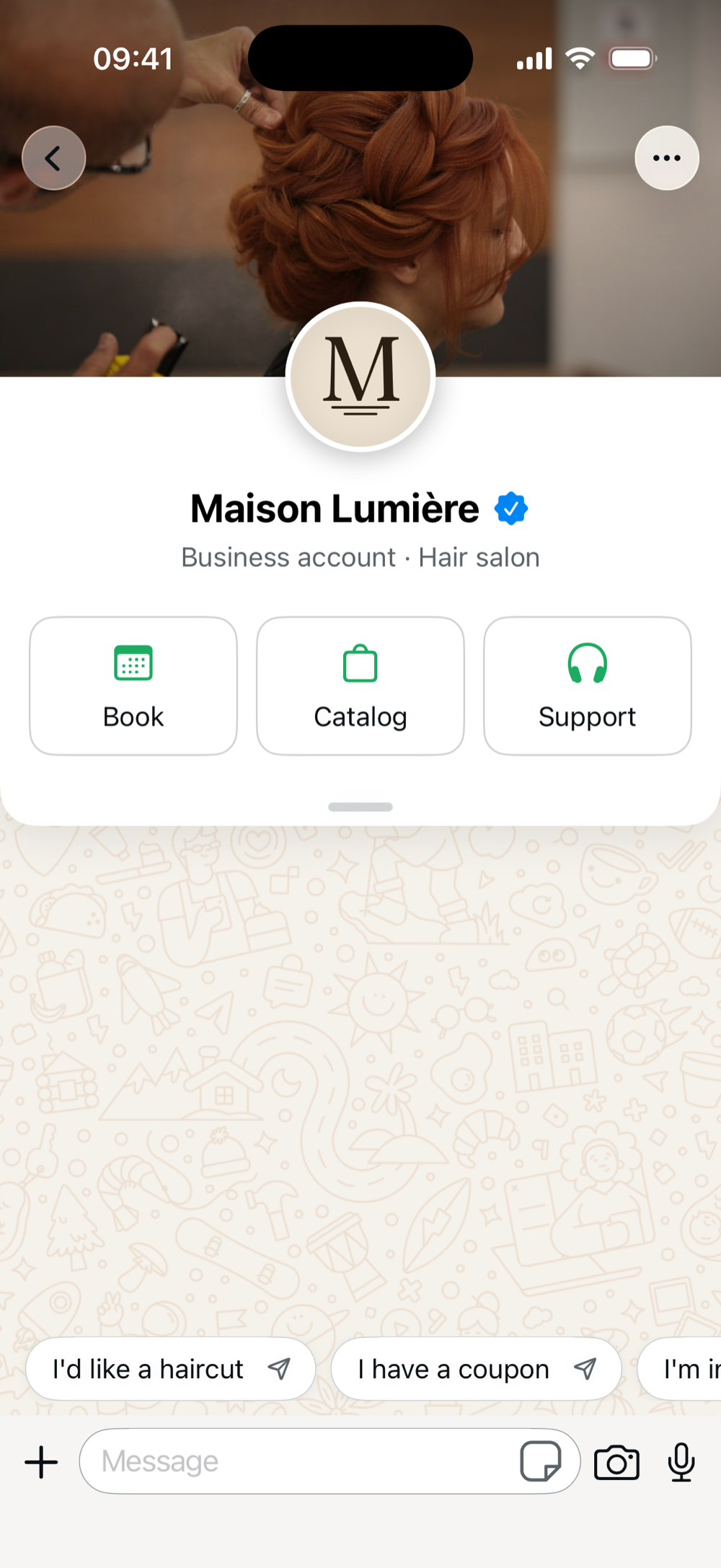 Landing screen: Maison Lumière header, ice-breaker chips, action tiles (Book, Browse services, Ask a question), and the profile sheet peeking up from the bottom over the live thread.