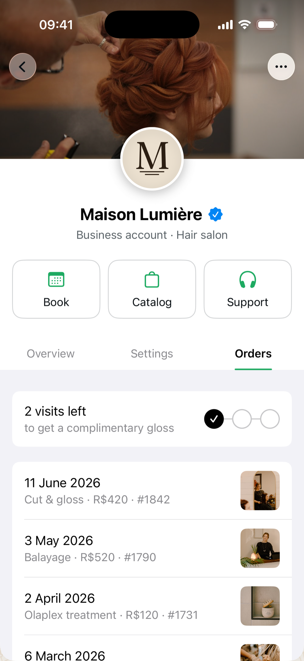 Orders page: an active appointment (Balayage, Tue 18:00) and a product order with status and total, each tappable for detail, with a path back to the thread.